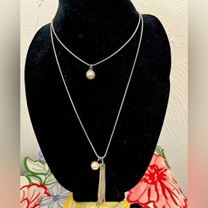 Double Strand Adjustable Silver Necklace W/Pearl Charms; Tassel & Earrings